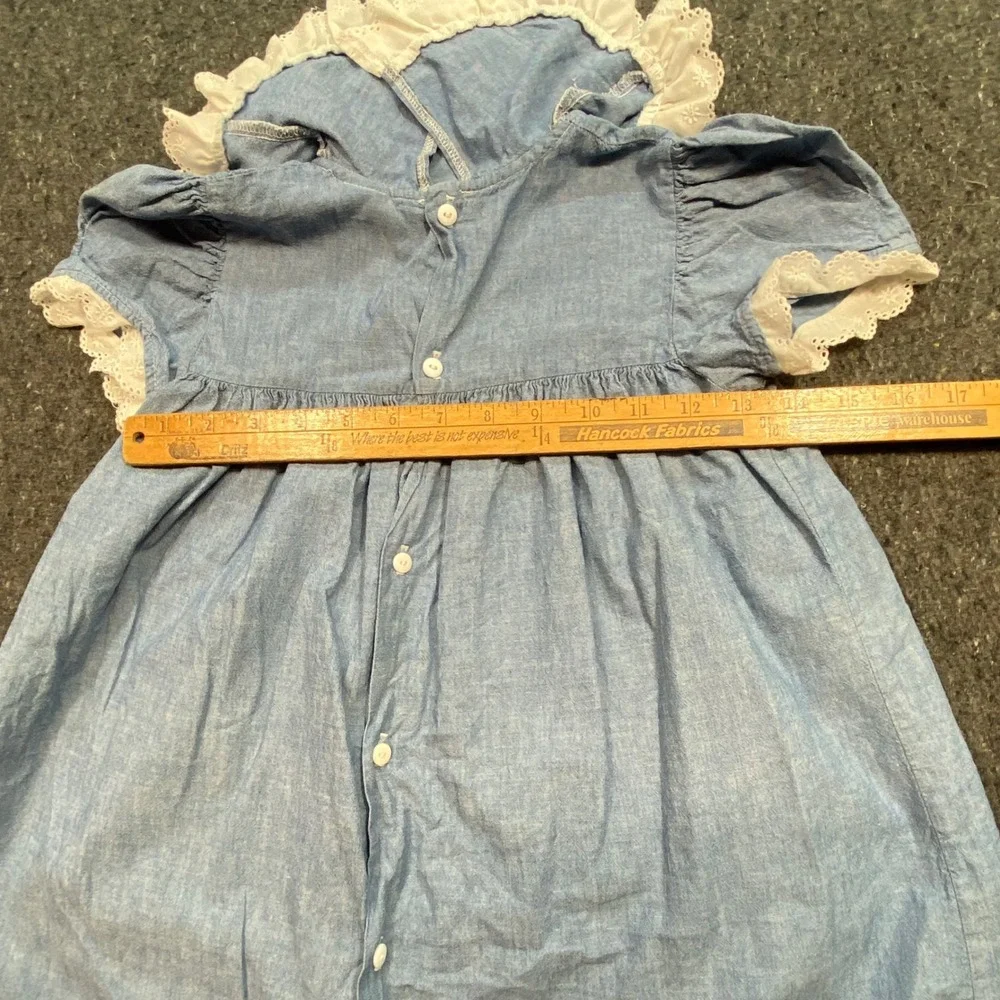 OshKosh Dress Sz 6 Girls Blue Boho 90s Eyelet Lace Trim Chambray Made in USA